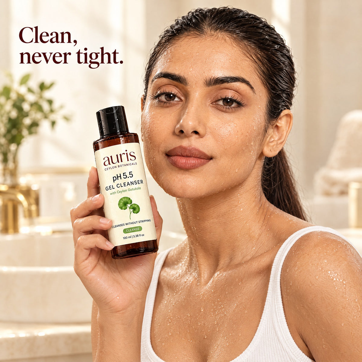 Auris pH 5.5 Gel Cleanser: worn in a warm editorial portrait