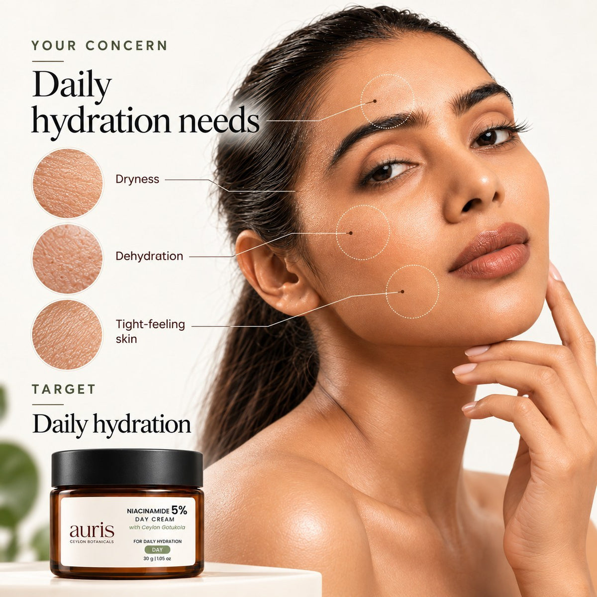 Model with dry, dehydrated or tight-feeling skin, alongside Auris Niacinamide 5% Day Cream with Ceylon Gotukola