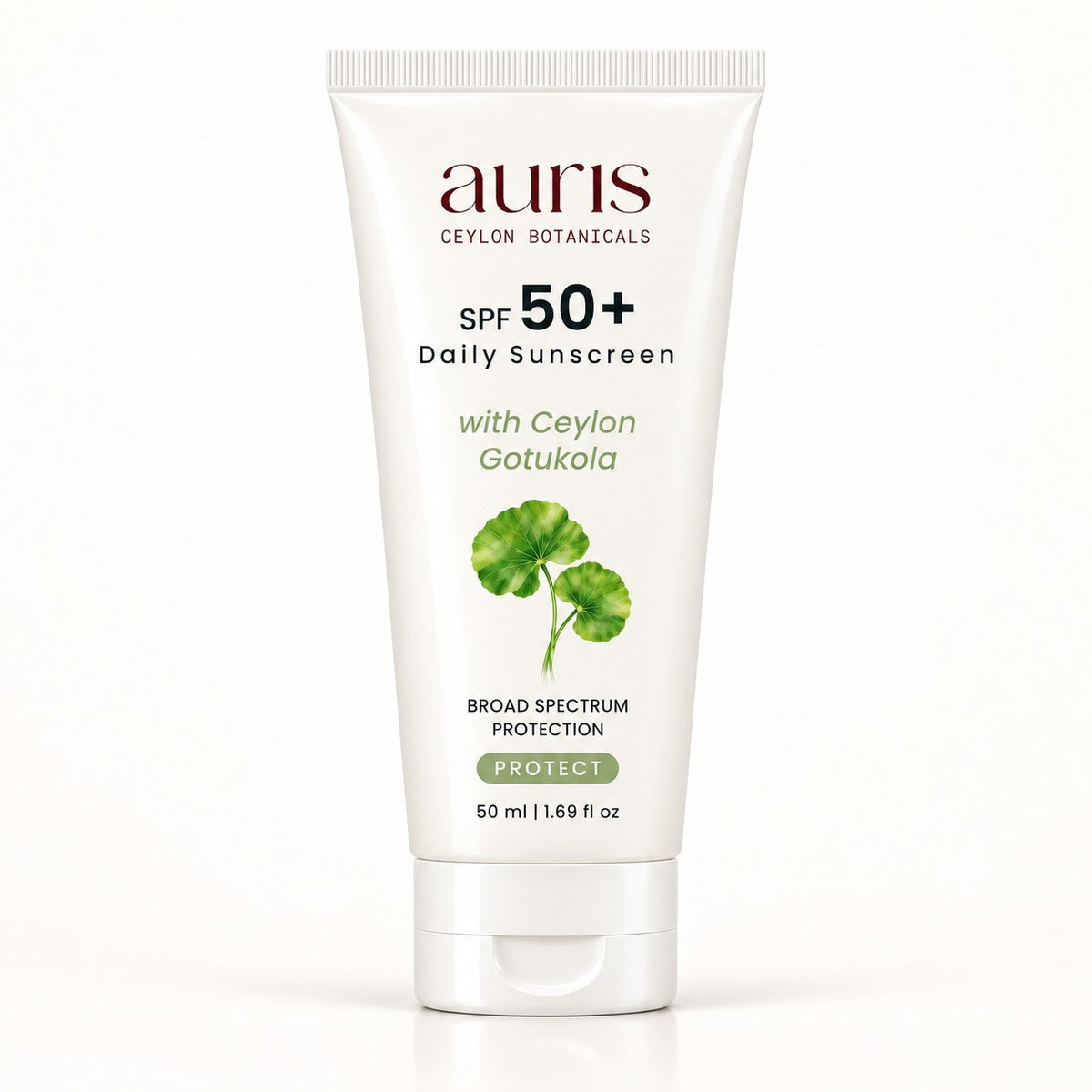 Auris SPF 50+ Daily Sunscreen with Ceylon Gotukola, 50 ml white tube on a white background