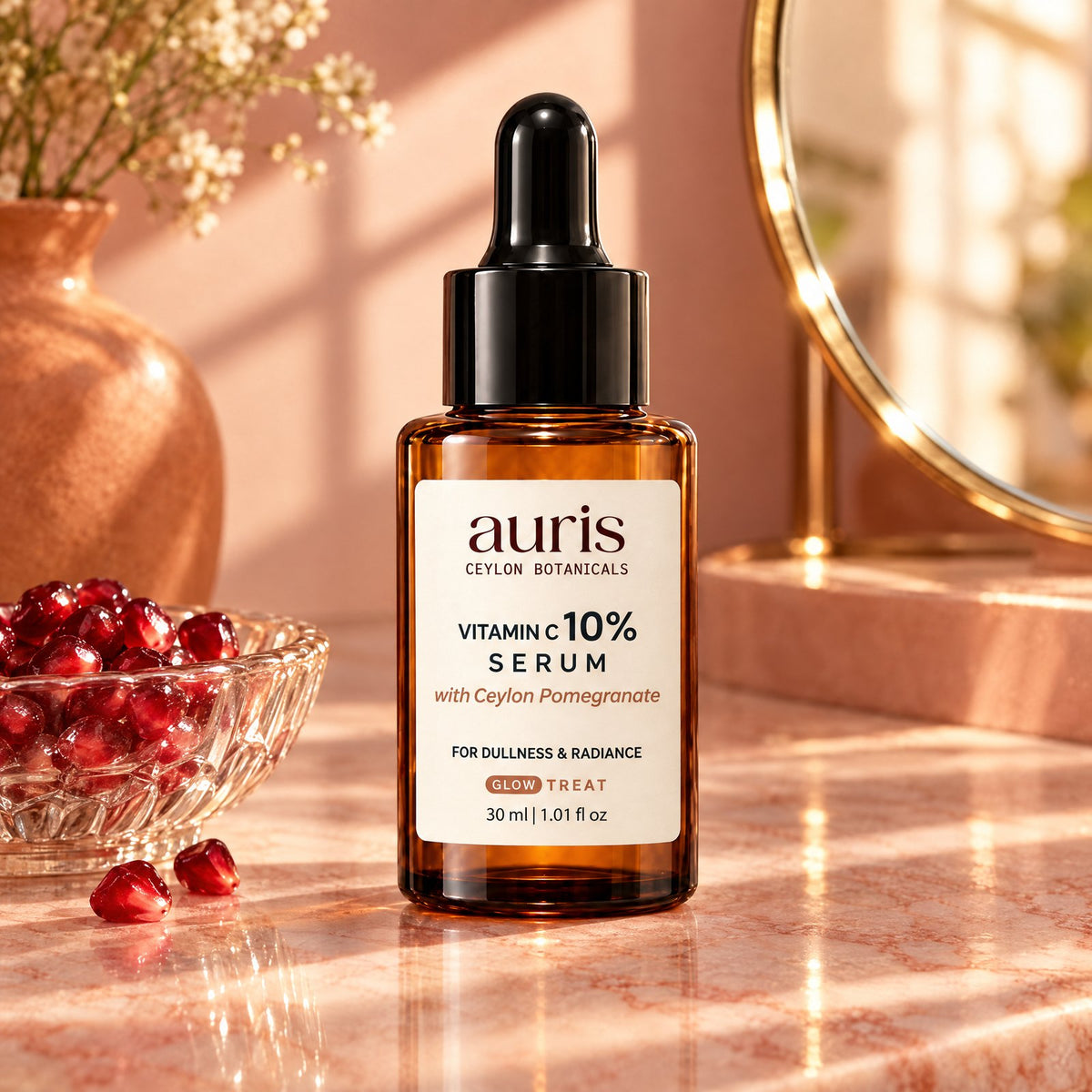 Auris GLOW Vitamin C 10% Serum on a vanity with its Ceylon botanical