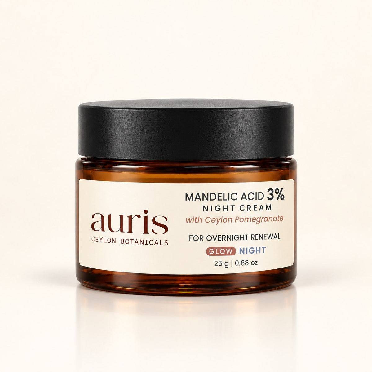 Auris GLOW Mandelic Acid 3% Night Cream with Ceylon Pomegranate, 25 g amber jar on a white background
