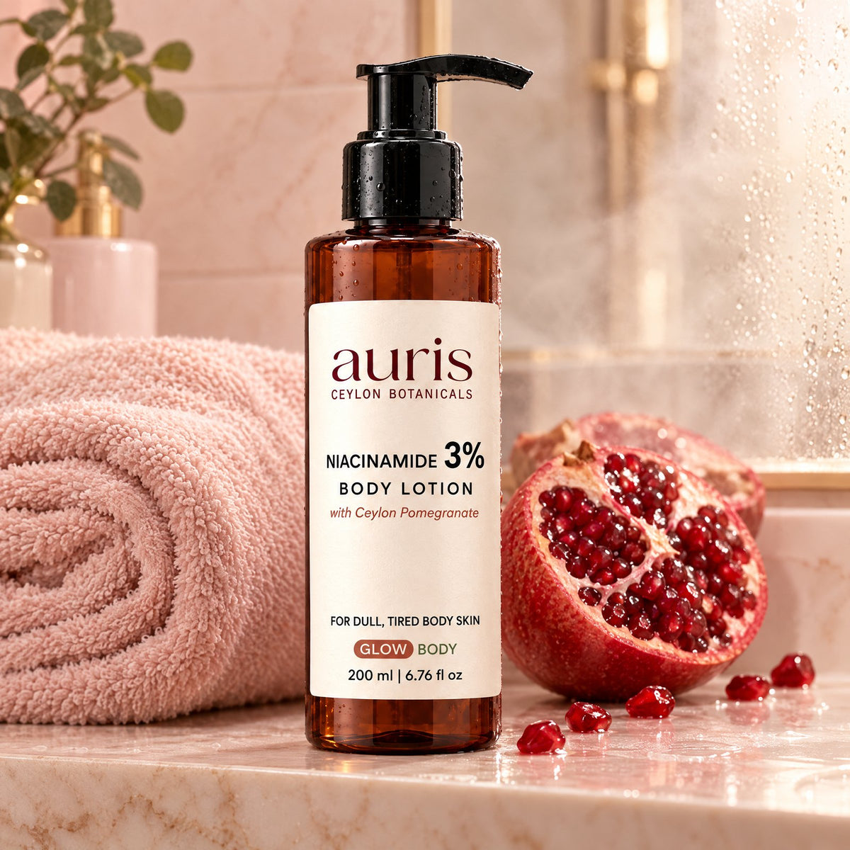 Auris GLOW Niacinamide 3% Body Lotion on a vanity with its Ceylon botanical