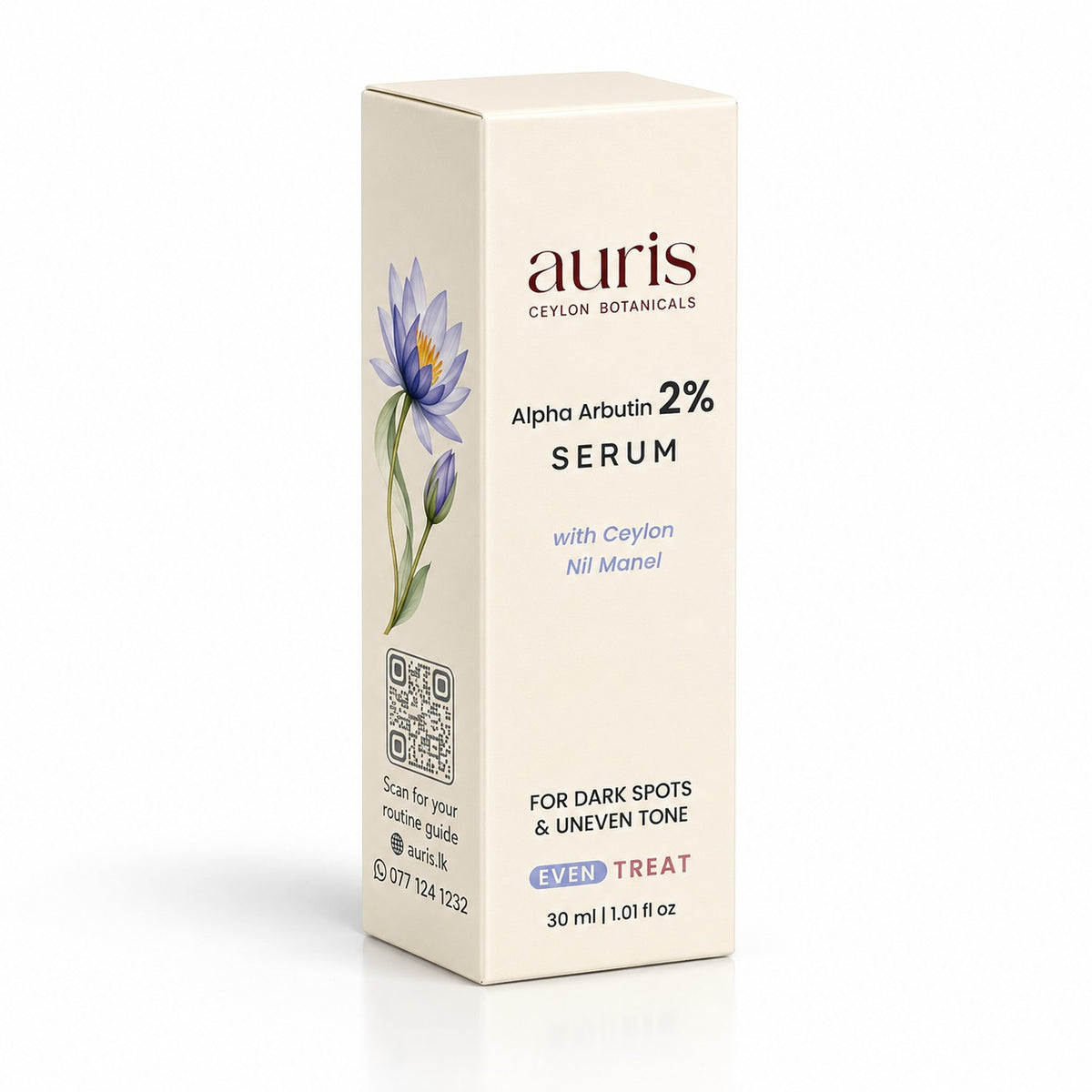 Auris EVEN Alpha Arbutin 2% Serum with Ceylon Nil Manel printed carton