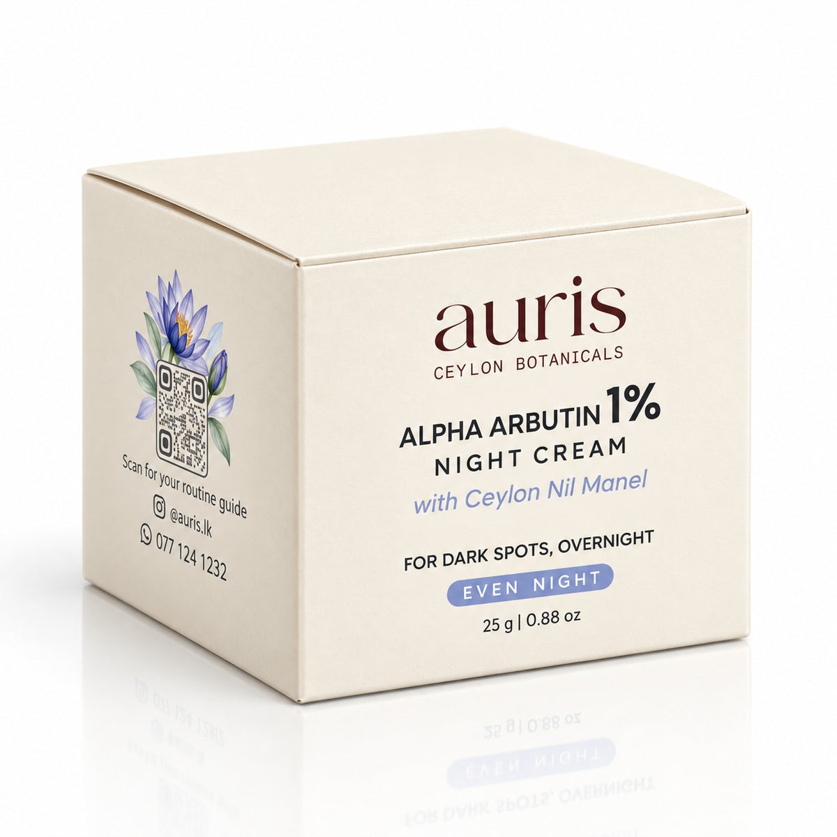 Auris EVEN Alpha Arbutin 1% Night Cream with Ceylon Nil Manel printed carton
