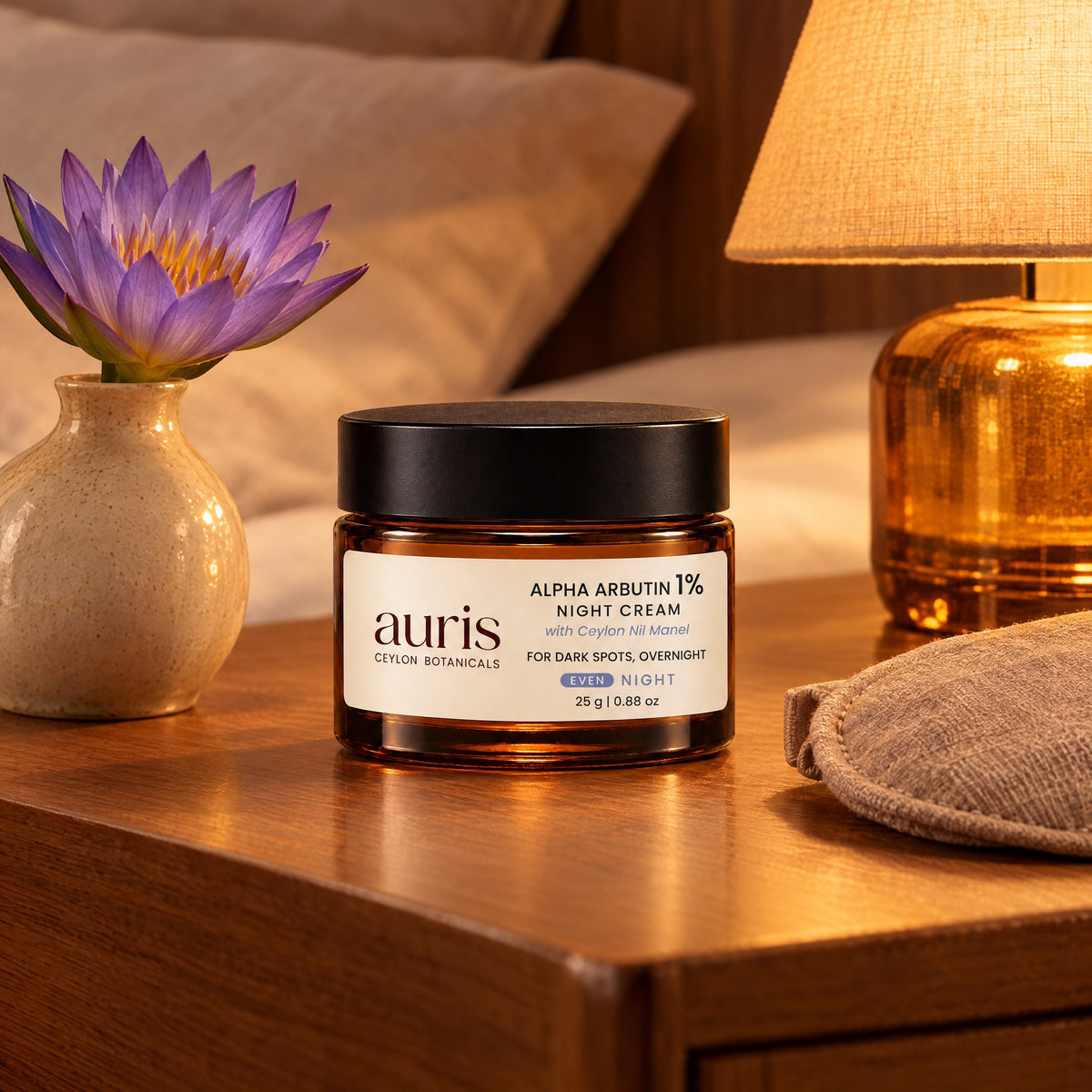 Auris EVEN Alpha Arbutin 1% Night Cream on a vanity with its Ceylon botanical