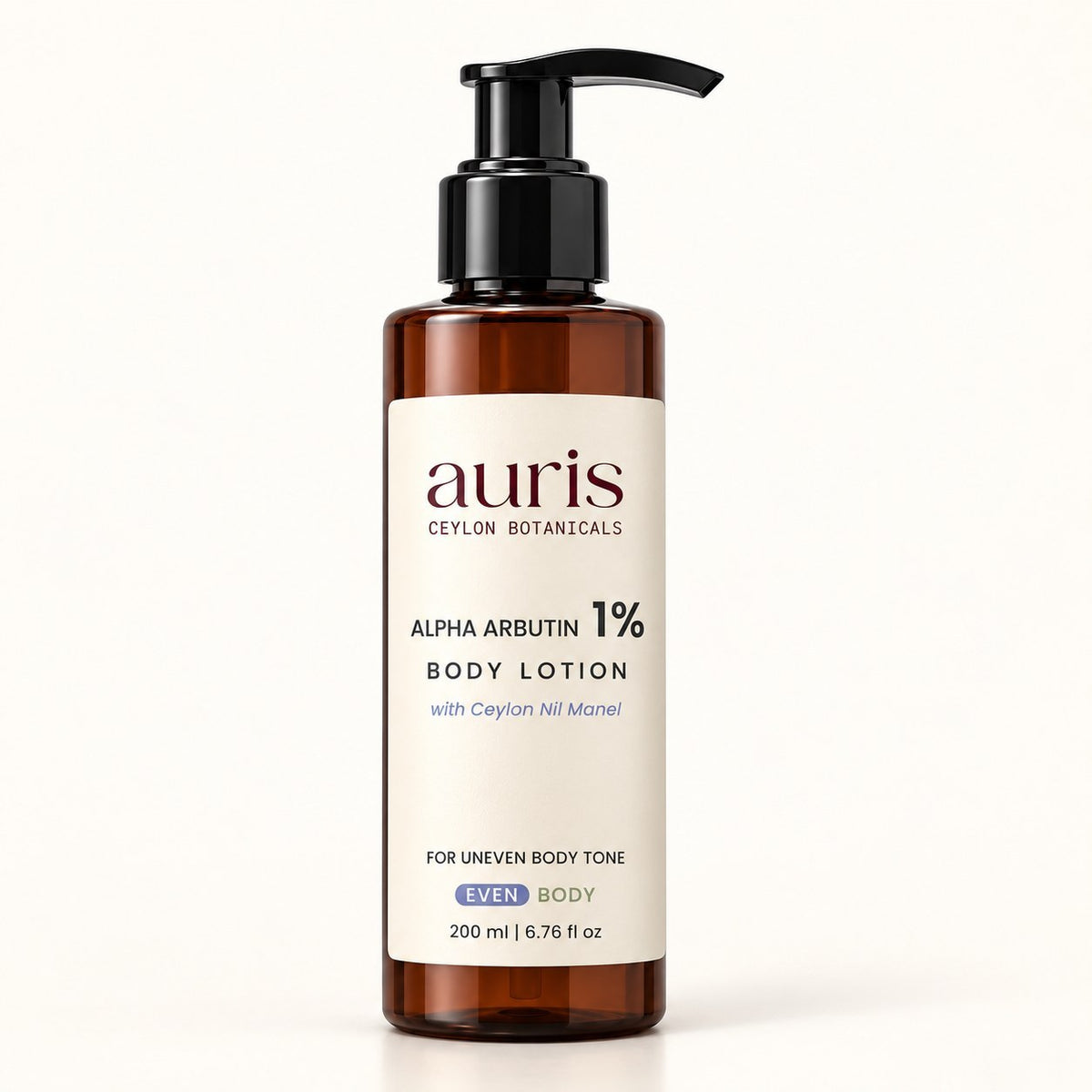 Auris EVEN Alpha Arbutin 1% Body Lotion with Ceylon Nil Manel, 200 ml amber pump bottle on a white background