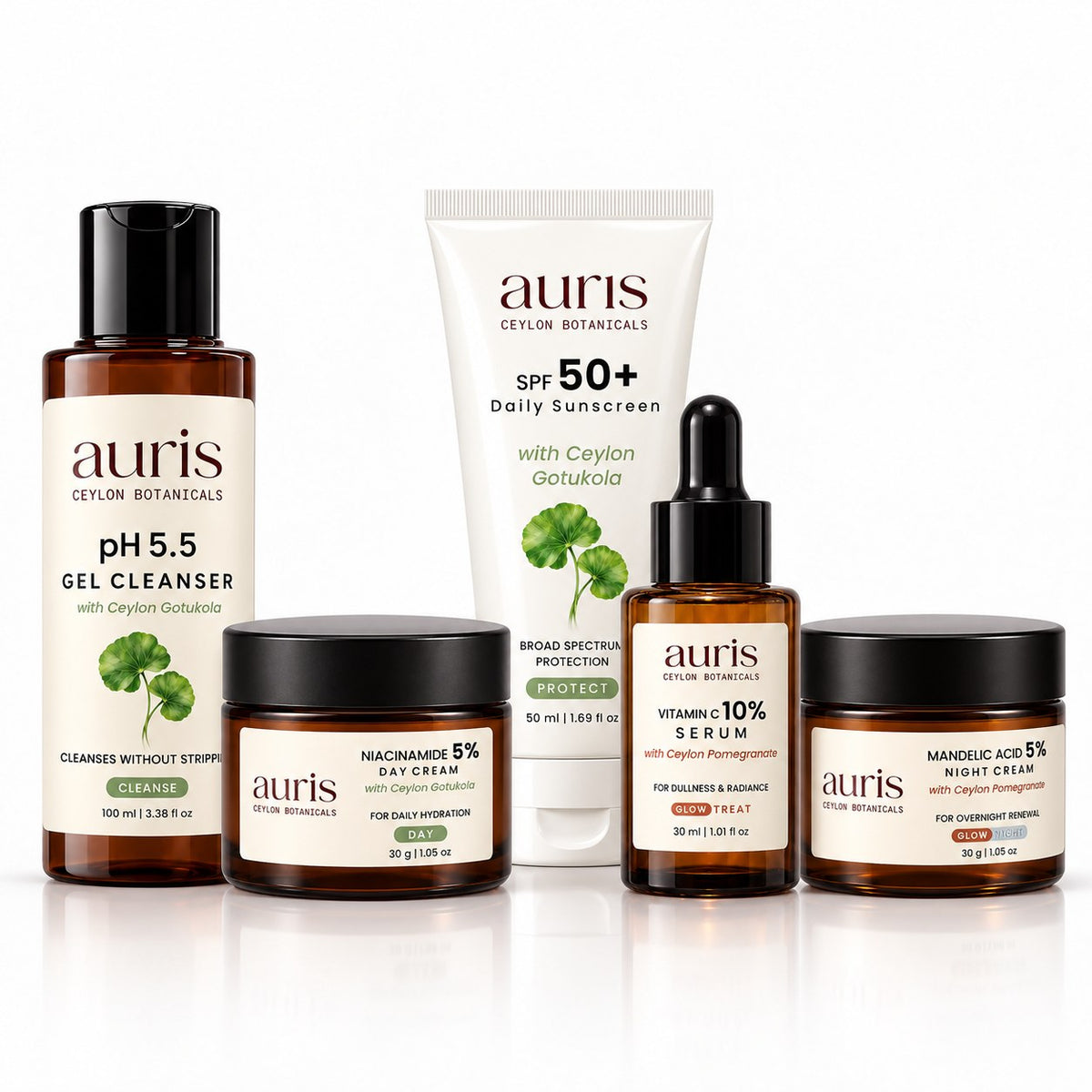 Auris Complete GLOW: pH 5.5 Gel Cleanser + Niacinamide 5% Day Cream + SPF 50+ Daily Sunscreen + GLOW Vitamin C 10% Serum + GLOW Mandelic Acid 3% Night Cream