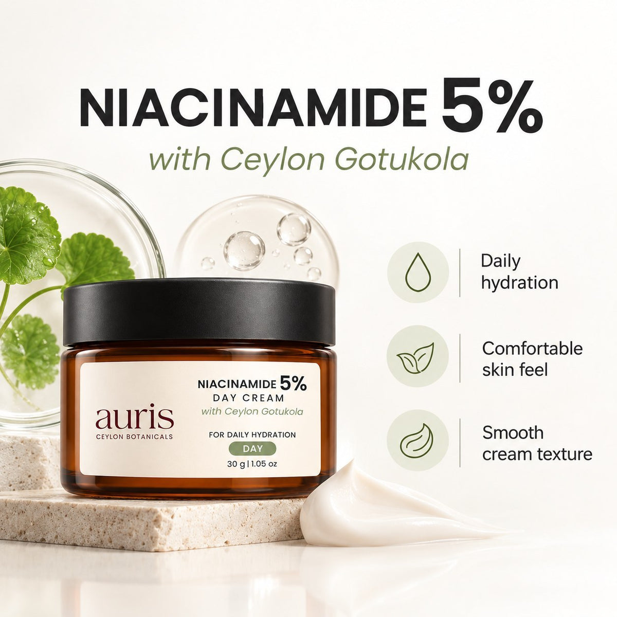 OLD (restored for review) — Auris Niacinamide 5% Day Cream with Ceylon Gotukola, 30 g amber jar with its key benefits