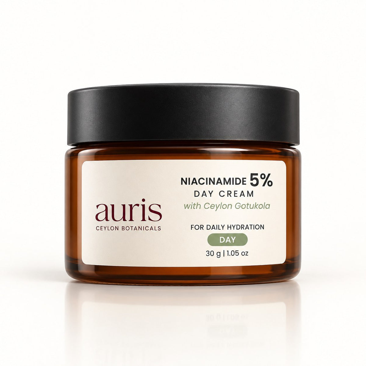 OLD (restored for review) — Auris Niacinamide 5% Day Cream with Ceylon Gotukola, 30 g amber jar on a white background