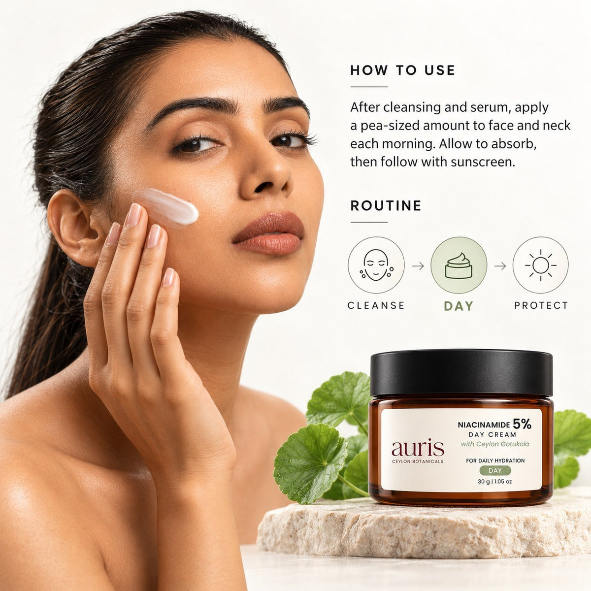 OLD (restored for review) — How to use Auris Niacinamide 5% Day Cream with Ceylon Gotukola, with its place in the Auris routine