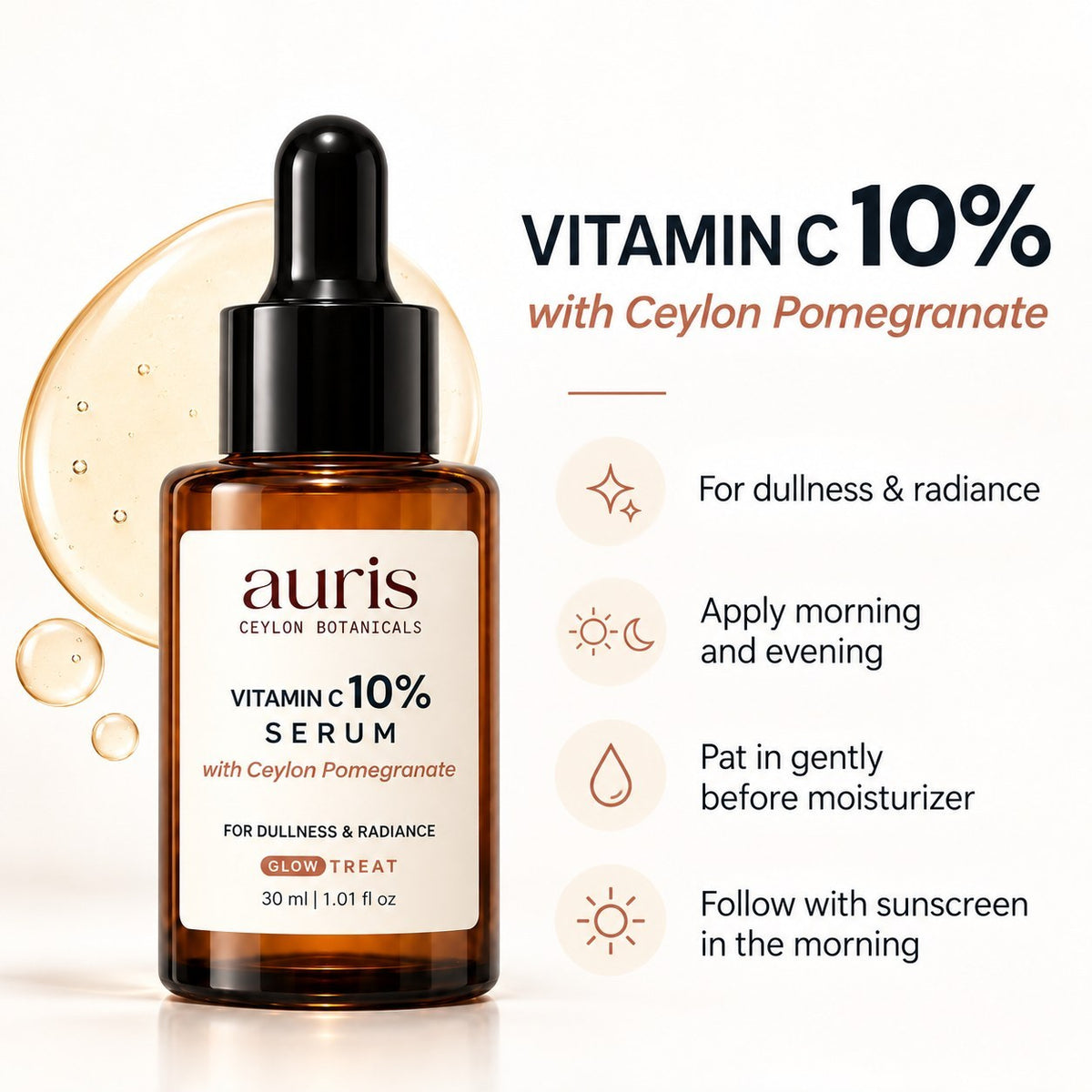 OLD (restored for review) — Auris GLOW Vitamin C 10% Serum with Ceylon Pomegranate, 30 ml amber dropper bottle with its key benefits