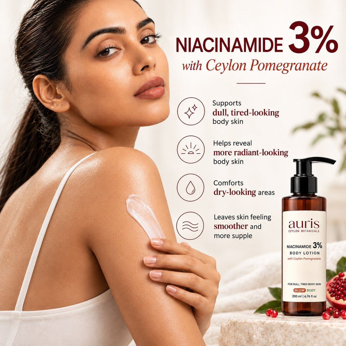 OLD (restored for review) — Auris GLOW Niacinamide 3% Body Lotion with Ceylon Pomegranate, 200 ml amber pump bottle with its key benefits