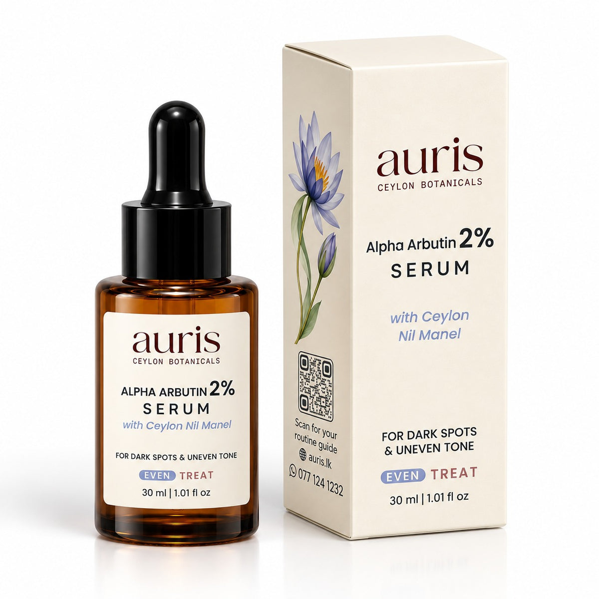 OLD (restored for review) — Auris EVEN Alpha Arbutin 2% Serum with Ceylon Nil Manel, 30 ml amber dropper bottle shown with its printed carton