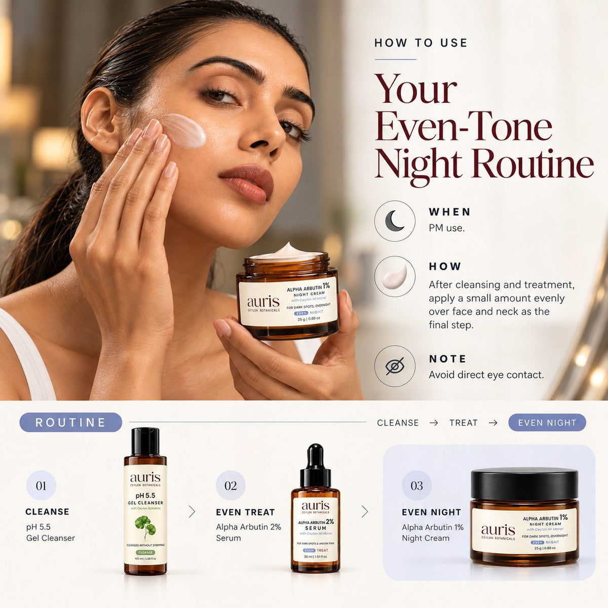 OLD (restored for review) — How to use Auris EVEN Alpha Arbutin 1% Night Cream with Ceylon Nil Manel, with its place in the Auris routine