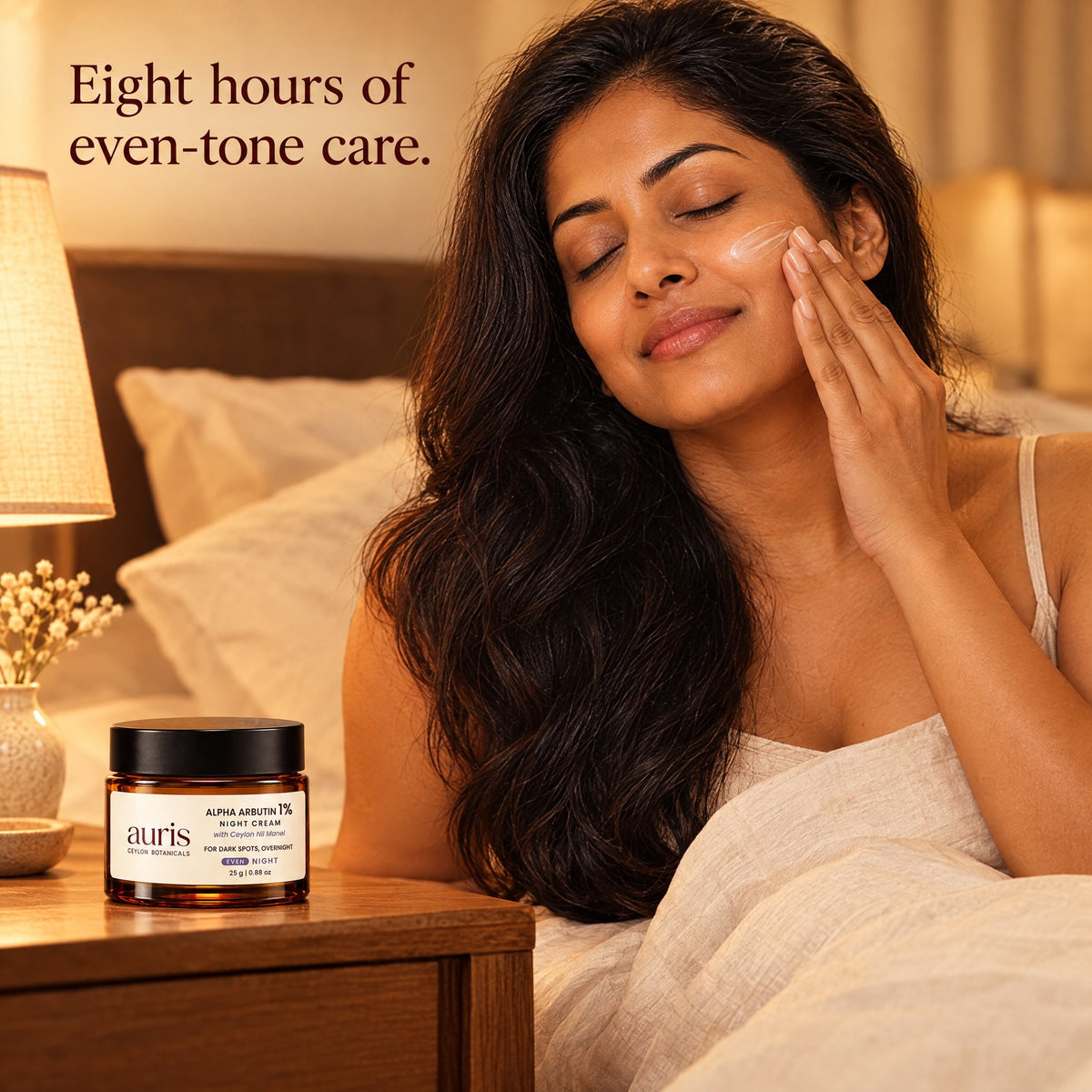 OLD (restored for review) — Auris EVEN Alpha Arbutin 1% Night Cream: worn in a warm editorial portrait