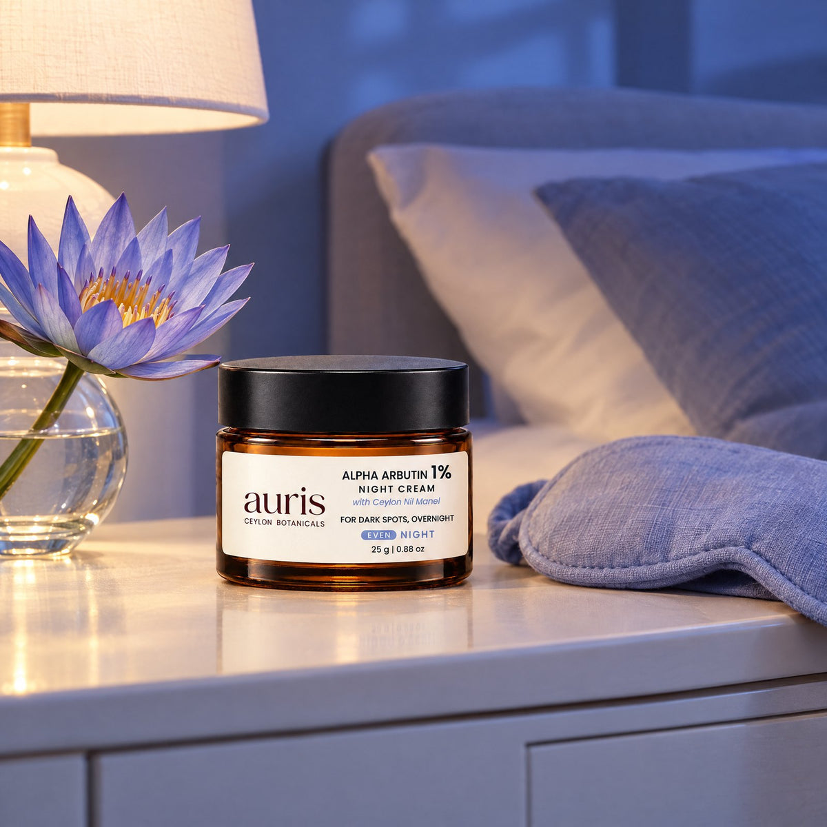 OLD (restored for review) — Auris EVEN Alpha Arbutin 1% Night Cream on a vanity with its Ceylon botanical