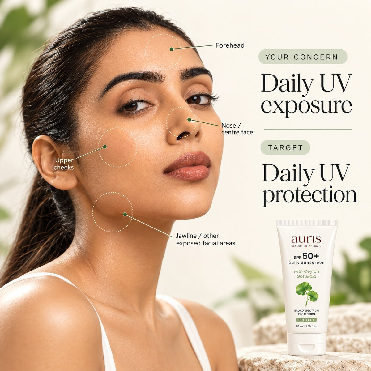 OLD (restored for review) — Model with daily UV exposure on the face, alongside Auris SPF 50+ Daily Sunscreen with Ceylon Gotukola