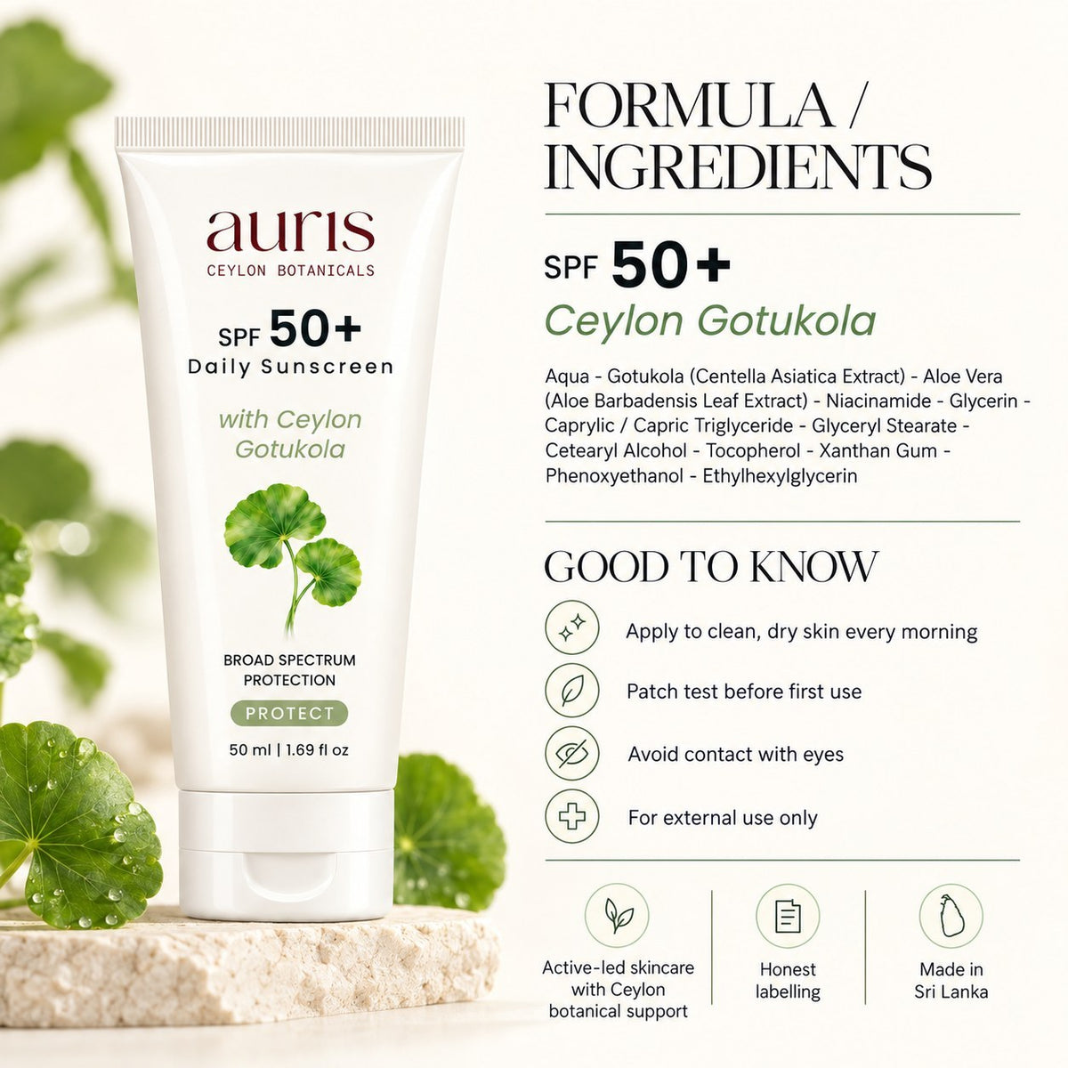 OLD (restored for review) — Auris SPF 50+ Daily Sunscreen with Ceylon Gotukola formula and full ingredient list
