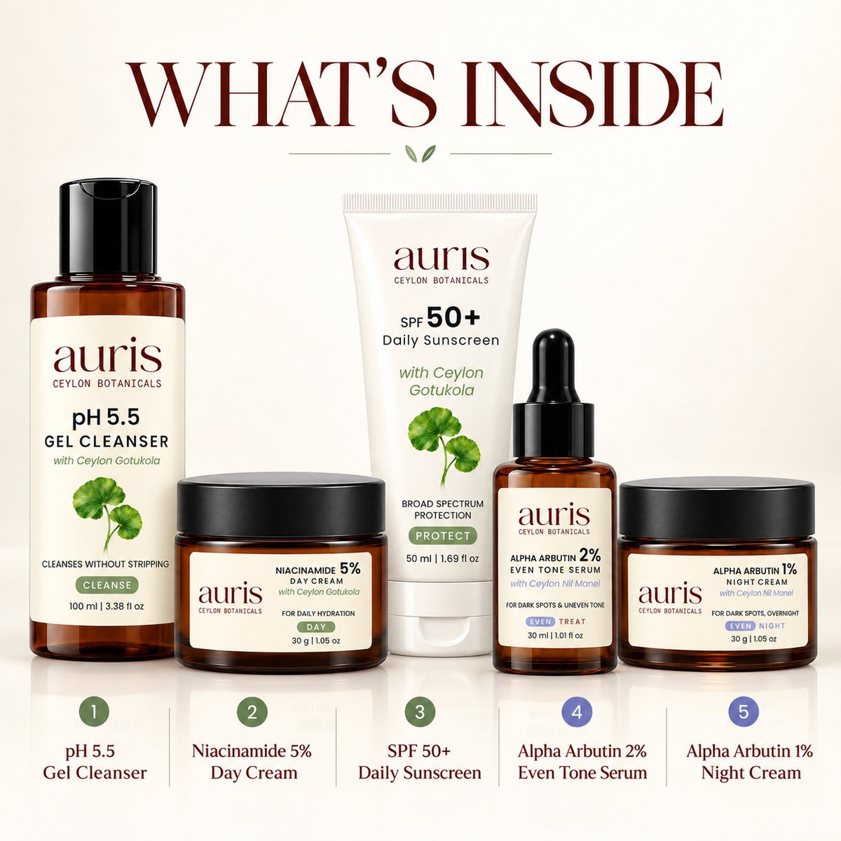 OLD (restored for review) — What is inside the Auris Complete EVEN: pH 5.5 Gel Cleanser + Niacinamide 5% Day Cream + SPF 50+ Daily Sunscreen + EVEN Alpha Arbutin 2% Serum + EVEN Alpha Arbutin 1% Night Cream