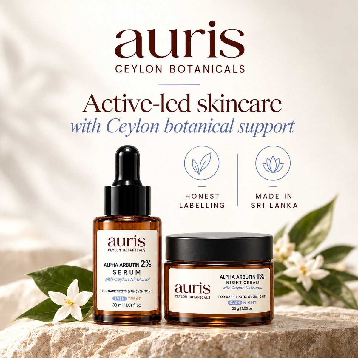 OLD (restored for review) — Auris EVEN Starter, active-led skincare with Ceylon Nil Manel, made in Sri Lanka