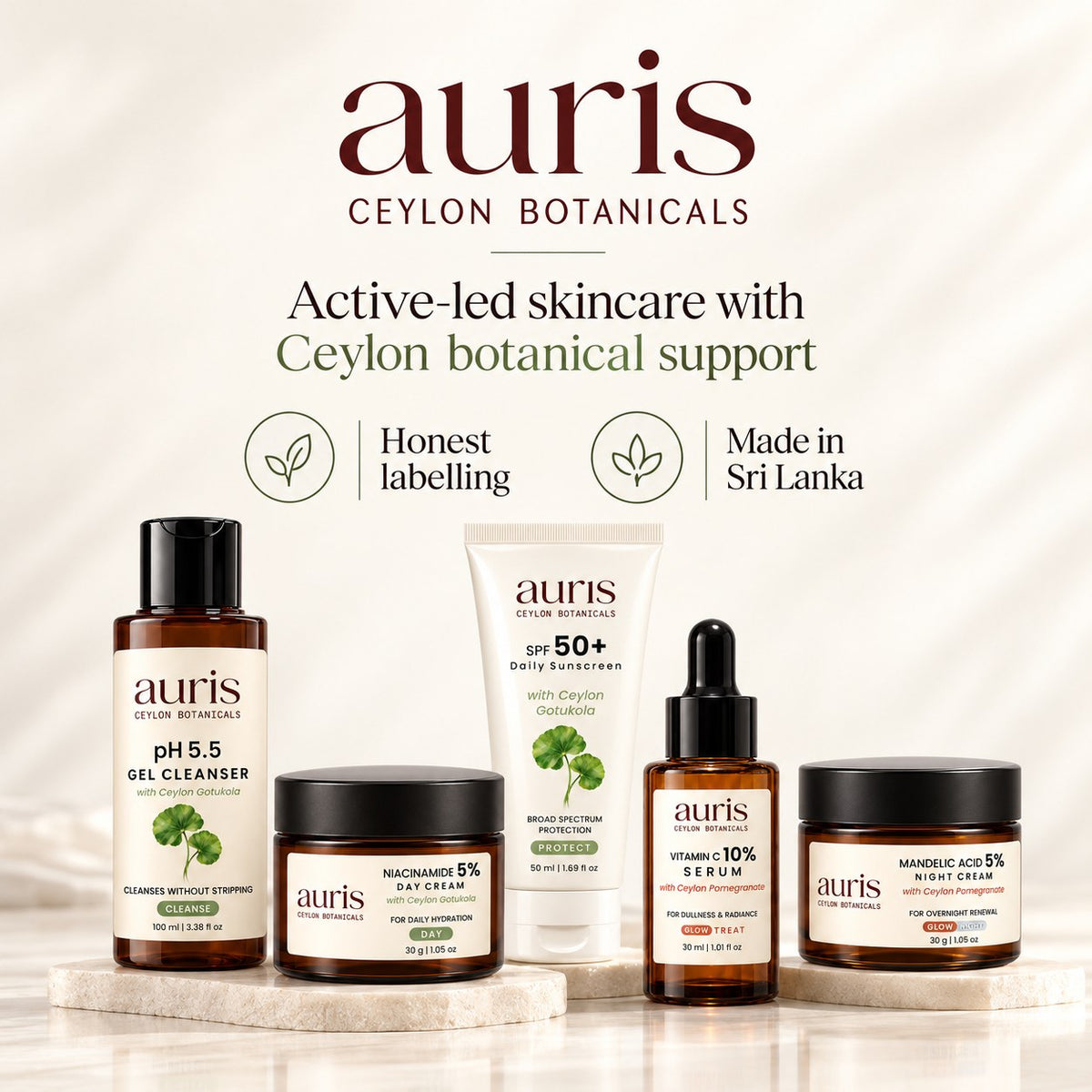 OLD (restored for review) — Auris Complete GLOW, active-led skincare with Ceylon Pomegranate, made in Sri Lanka
