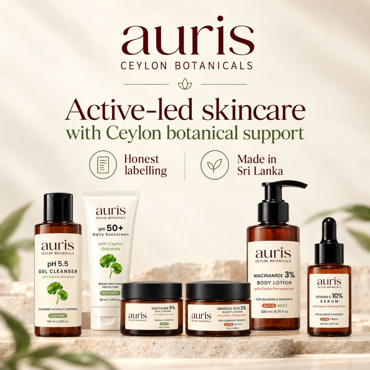 OLD (restored for review) — Auris GLOW Ritual, active-led skincare with Ceylon Pomegranate, made in Sri Lanka
