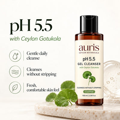 Auris pH 5.5 Gel Cleanser with Ceylon Gotukola, 100 ml amber bottle with its key benefits