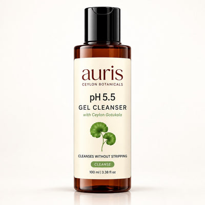 Auris pH 5.5 Gel Cleanser with Ceylon Gotukola, 100 ml amber bottle on a white background