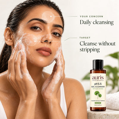 Model with skin that needs gentle daily cleansing, alongside Auris pH 5.5 Gel Cleanser with Ceylon Gotukola