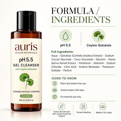 Auris pH 5.5 Gel Cleanser with Ceylon Gotukola formula and full ingredient list