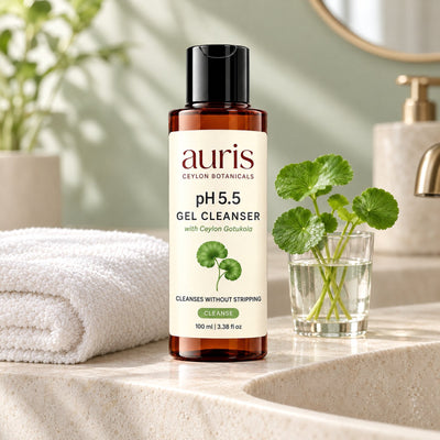 Auris pH 5.5 Gel Cleanser on a vanity with its Ceylon botanical