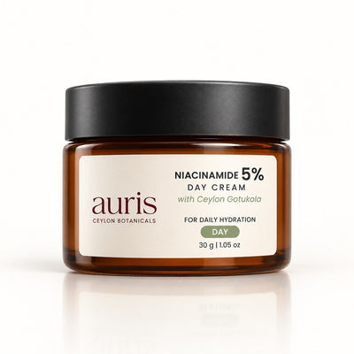 Auris Niacinamide 5% Day Cream with Ceylon Gotukola, 30 g amber jar on a white background