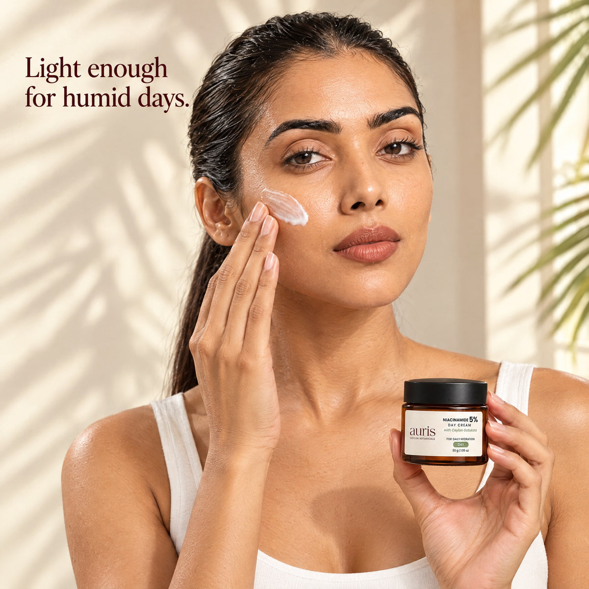 Auris Niacinamide 5% Day Cream: worn in a warm editorial portrait