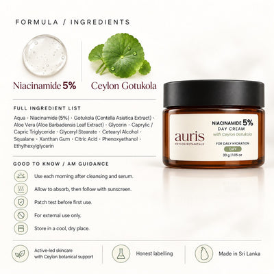 Auris Niacinamide 5% Day Cream with Ceylon Gotukola formula and full ingredient list