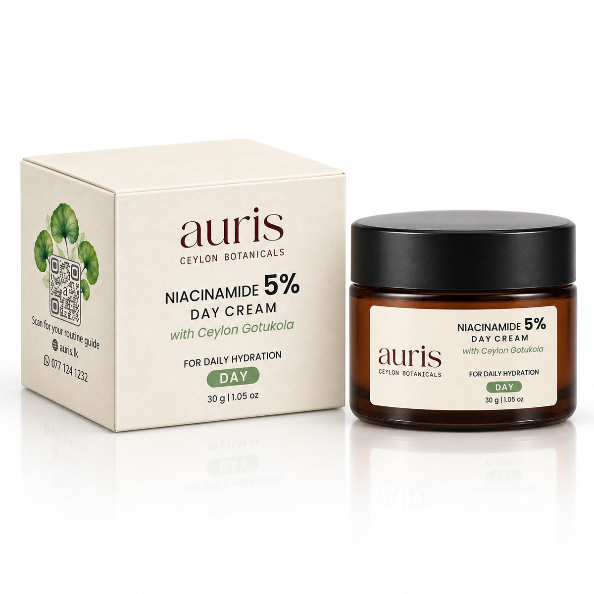 Auris Niacinamide 5% Day Cream with Ceylon Gotukola, 30 g amber jar shown with its printed carton