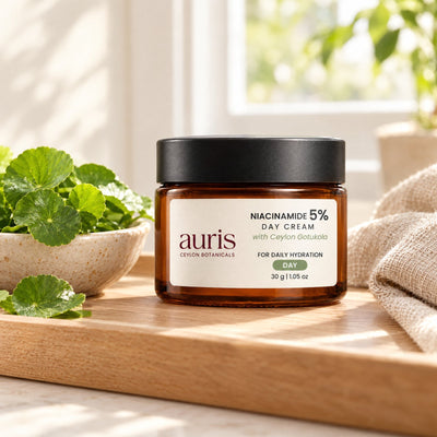 Auris Niacinamide 5% Day Cream on a vanity with its Ceylon botanical