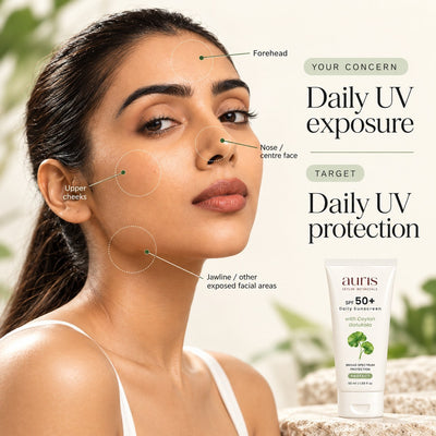 Model with daily UV exposure on the face, alongside Auris SPF 50+ Daily Sunscreen with Ceylon Gotukola