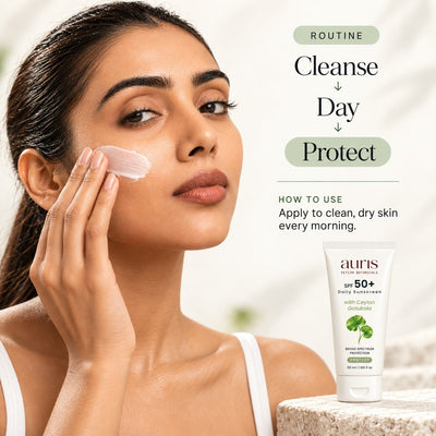 How to use Auris SPF 50+ Daily Sunscreen with Ceylon Gotukola, with its place in the Auris routine