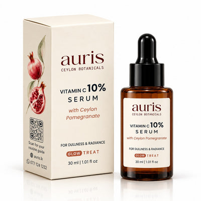 Auris GLOW Vitamin C 10% Serum with Ceylon Pomegranate, 30 ml amber dropper bottle shown with its printed carton