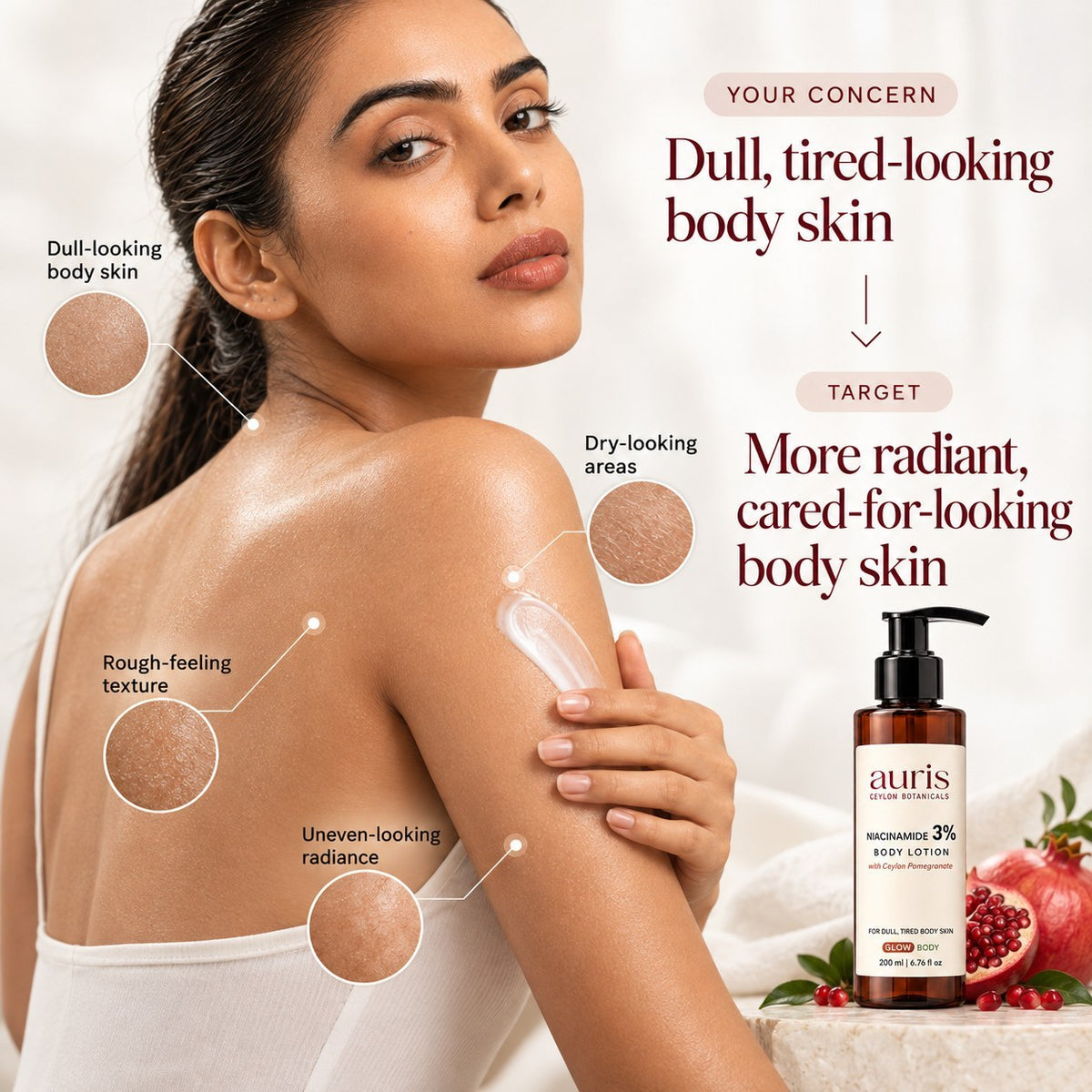 Model with dull, tired and dry-looking body skin, alongside Auris GLOW Niacinamide 3% Body Lotion with Ceylon Pomegranate
