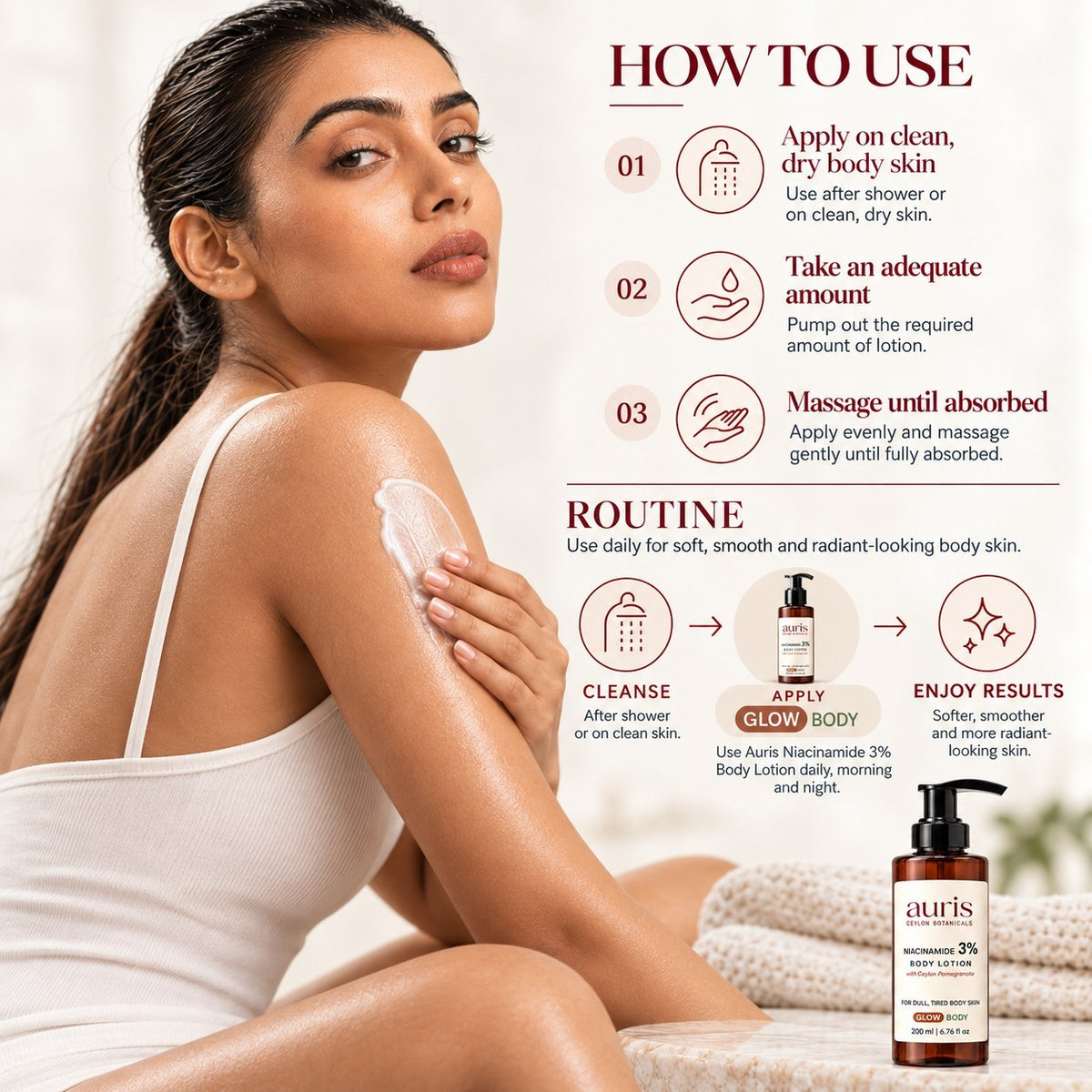 How to use Auris GLOW Niacinamide 3% Body Lotion with Ceylon Pomegranate, with its place in the Auris routine