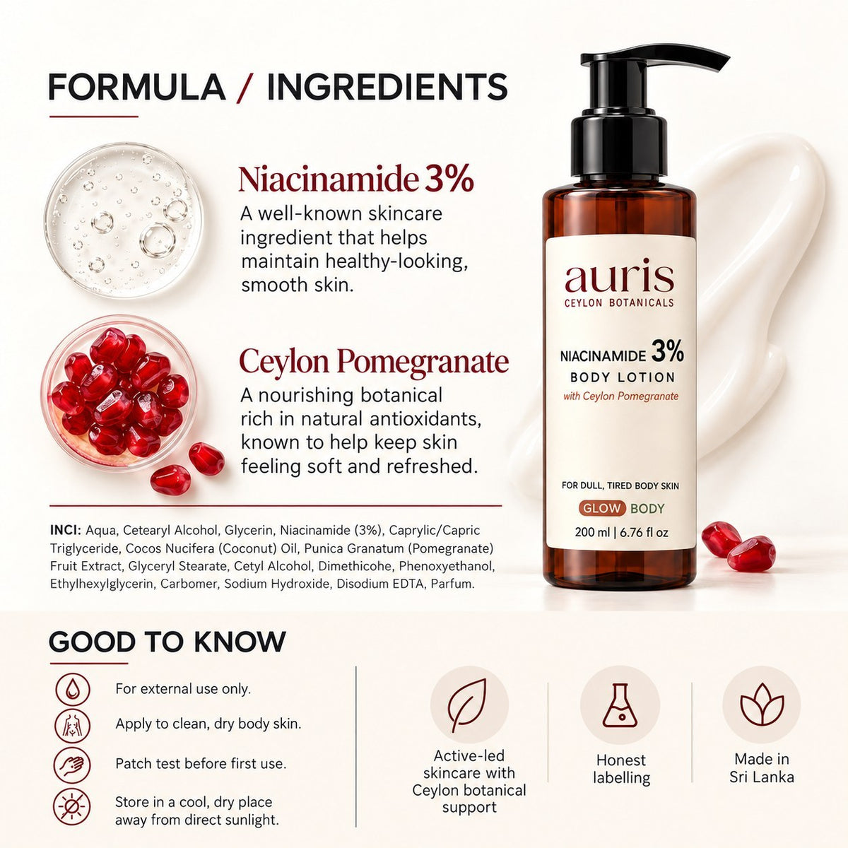 Auris GLOW Niacinamide 3% Body Lotion with Ceylon Pomegranate formula and full ingredient list
