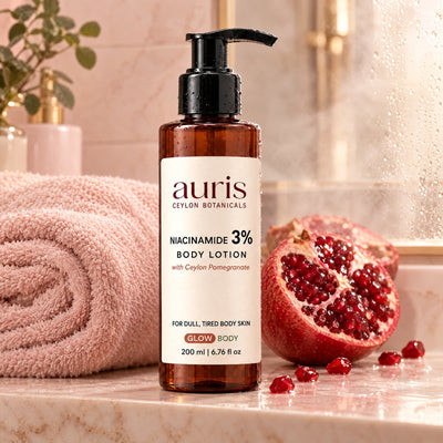 Auris GLOW Niacinamide 3% Body Lotion on a vanity with its Ceylon botanical
