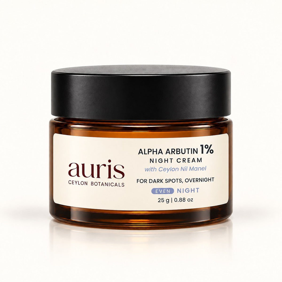 Auris EVEN Alpha Arbutin 1% Night Cream with Ceylon Nil Manel, 25 g amber jar on a white background