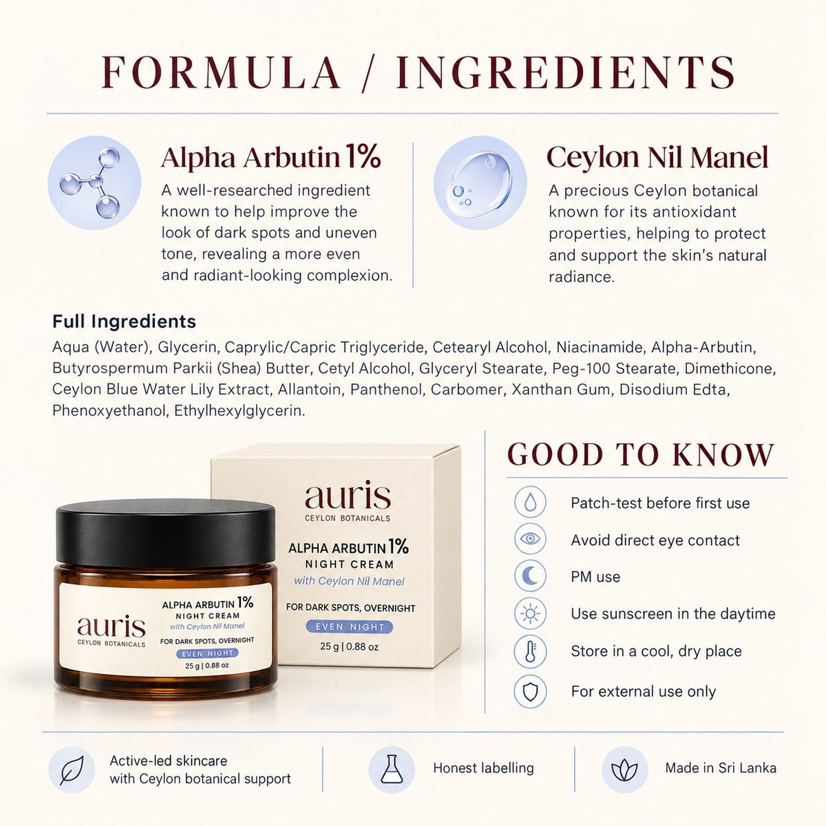 Auris EVEN Alpha Arbutin 1% Night Cream with Ceylon Nil Manel formula and full ingredient list