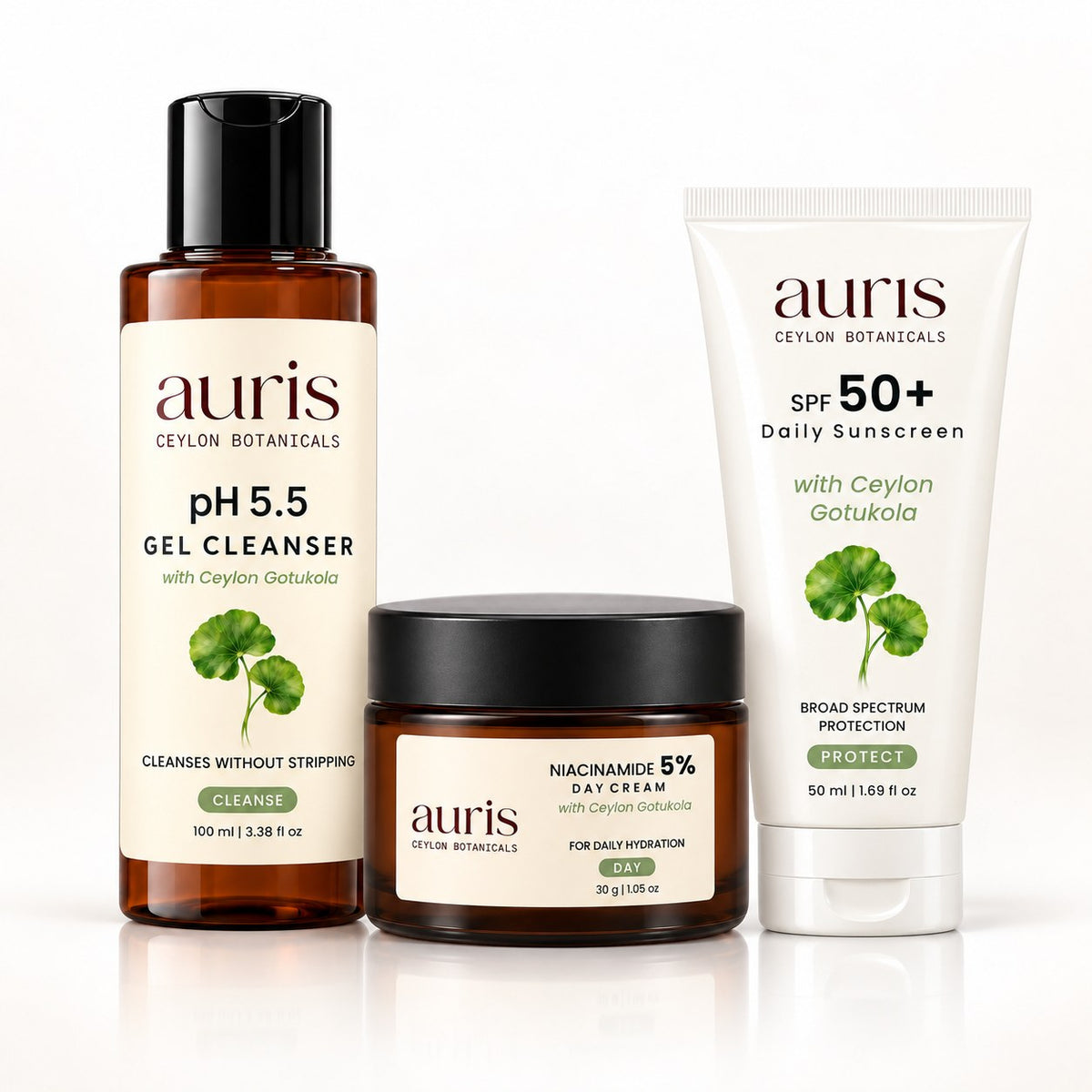 Auris Daily Essentials: pH 5.5 Gel Cleanser + Niacinamide 5% Day Cream + SPF 50+ Daily Sunscreen