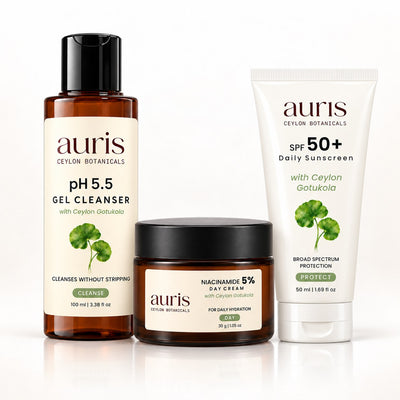 Auris Daily Essentials: pH 5.5 Gel Cleanser + Niacinamide 5% Day Cream + SPF 50+ Daily Sunscreen
