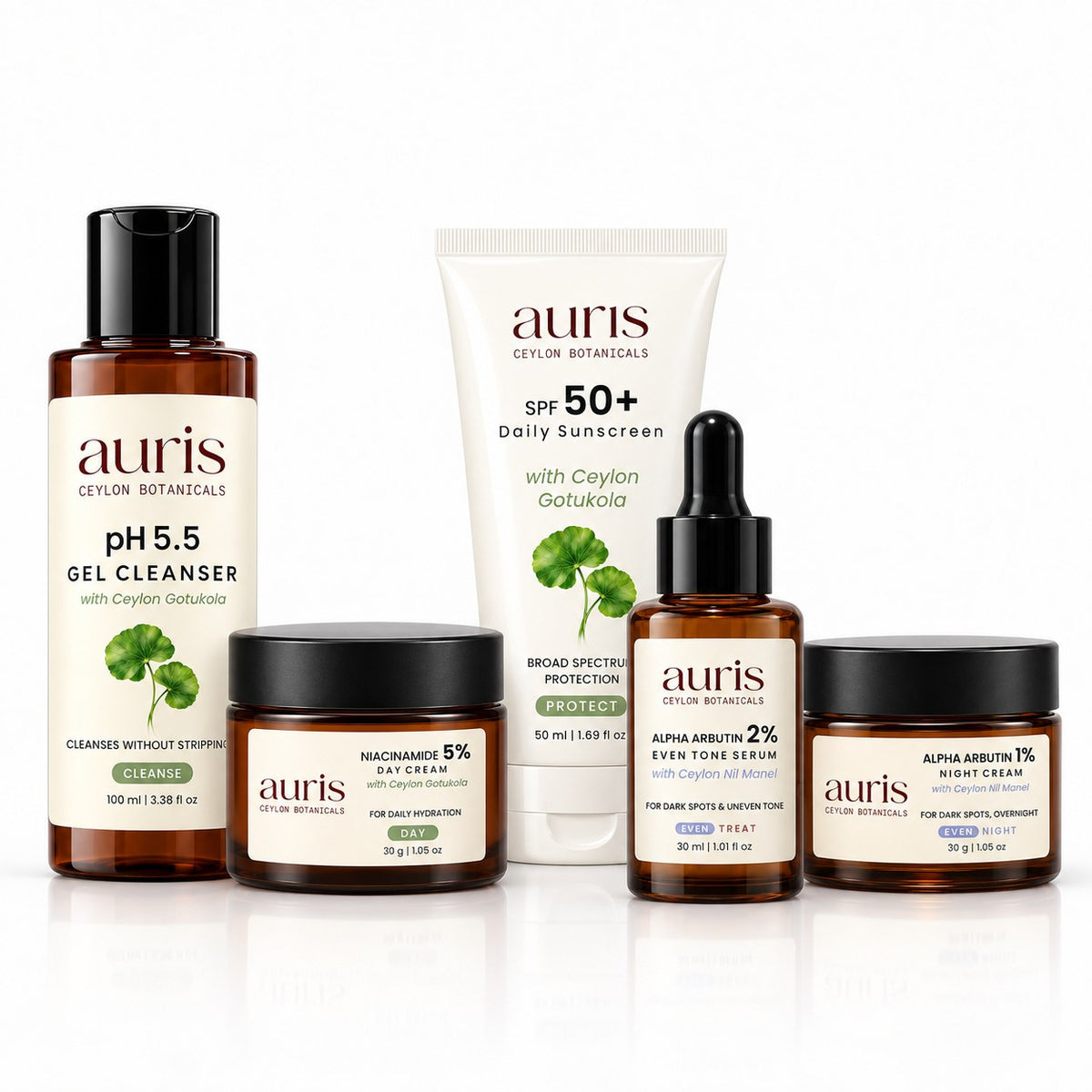Auris Complete EVEN: pH 5.5 Gel Cleanser + Niacinamide 5% Day Cream + SPF 50+ Daily Sunscreen + EVEN Alpha Arbutin 2% Serum + EVEN Alpha Arbutin 1% Night Cream