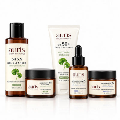 Auris Complete EVEN: pH 5.5 Gel Cleanser + Niacinamide 5% Day Cream + SPF 50+ Daily Sunscreen + EVEN Alpha Arbutin 2% Serum + EVEN Alpha Arbutin 1% Night Cream