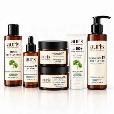 Auris EVEN Ritual: pH 5.5 Gel Cleanser + Niacinamide 5% Day Cream + SPF 50+ Daily Sunscreen + EVEN Alpha Arbutin 2% Serum + EVEN Alpha Arbutin 1% Night Cream + EVEN Alpha Arbutin 1% Body Lotion